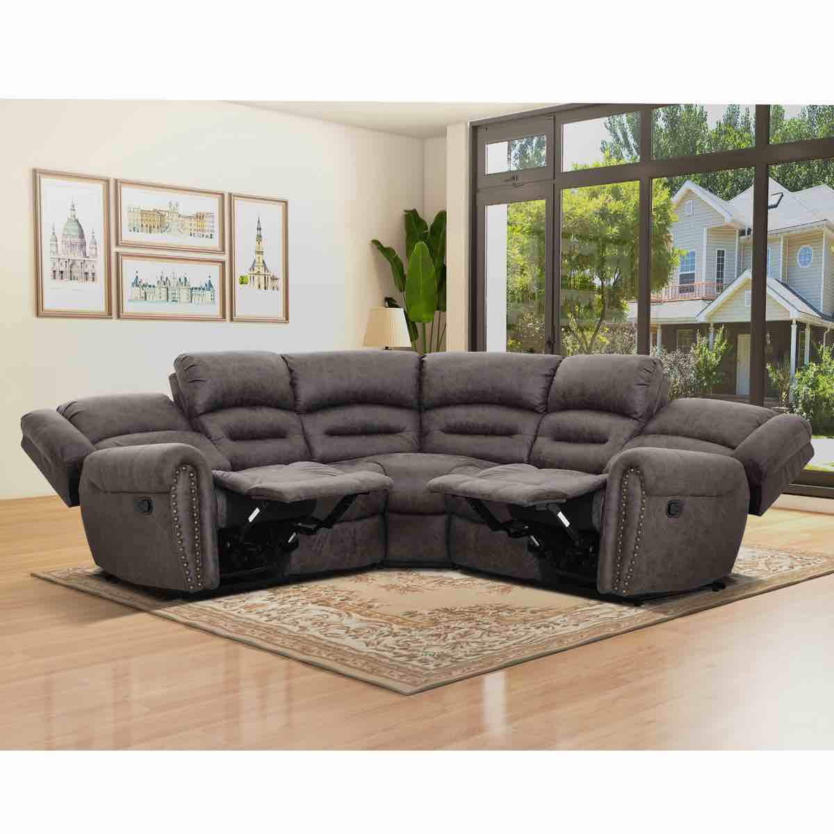 Condition photo showing New/Like New for manasas 3-piece 97.8'' wide classic and overstuffed soft grey faux leather manual reclining corner sectional, rounded arms and metal legs in a black finish, stain and mold resistant, 5 person seating capacity, left side reclining mechanism catches on frame when you put the footrest down, does not affect the use of the couch, overall dimensions 39.1'' h x 97.8'' w x 36.2'' d