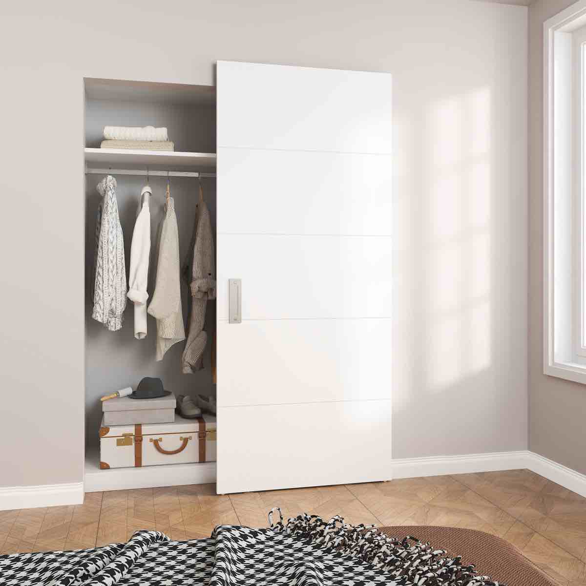 Concealed/Invisible Prefinished/Laminated White with Horizontal Groove Magic Flush Sliding Barn Doors With Installation Hardware Kit (Door not predrilled, pull sold separately), Door has small dents on edges and small dent/crack on bottom