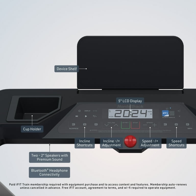 Condition photo showing New/Like New for nordictrack t series 5 smart treadmill with 5" lcd display & device shelf, 0-10% incline, 0-10 mph, keyflex™ cushioning and powered by ifit- treadmill belt clicks when operating, small scuffs throughout body