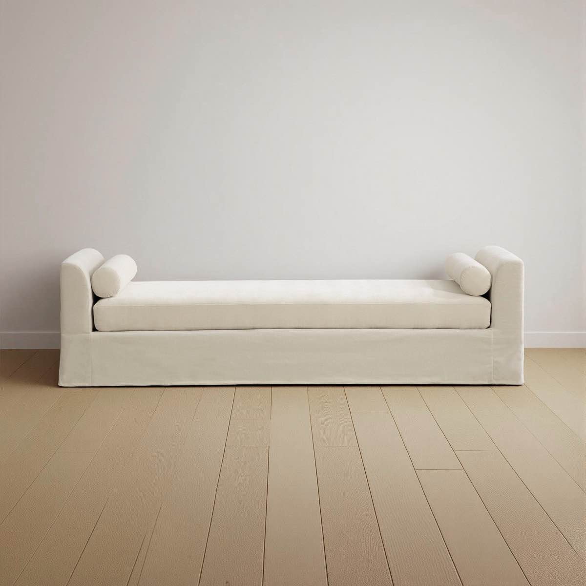 beige upholstered bench end of bed/day bed, 77”l x 25”w, see lot photos for exact product, stock photos are not exact, 