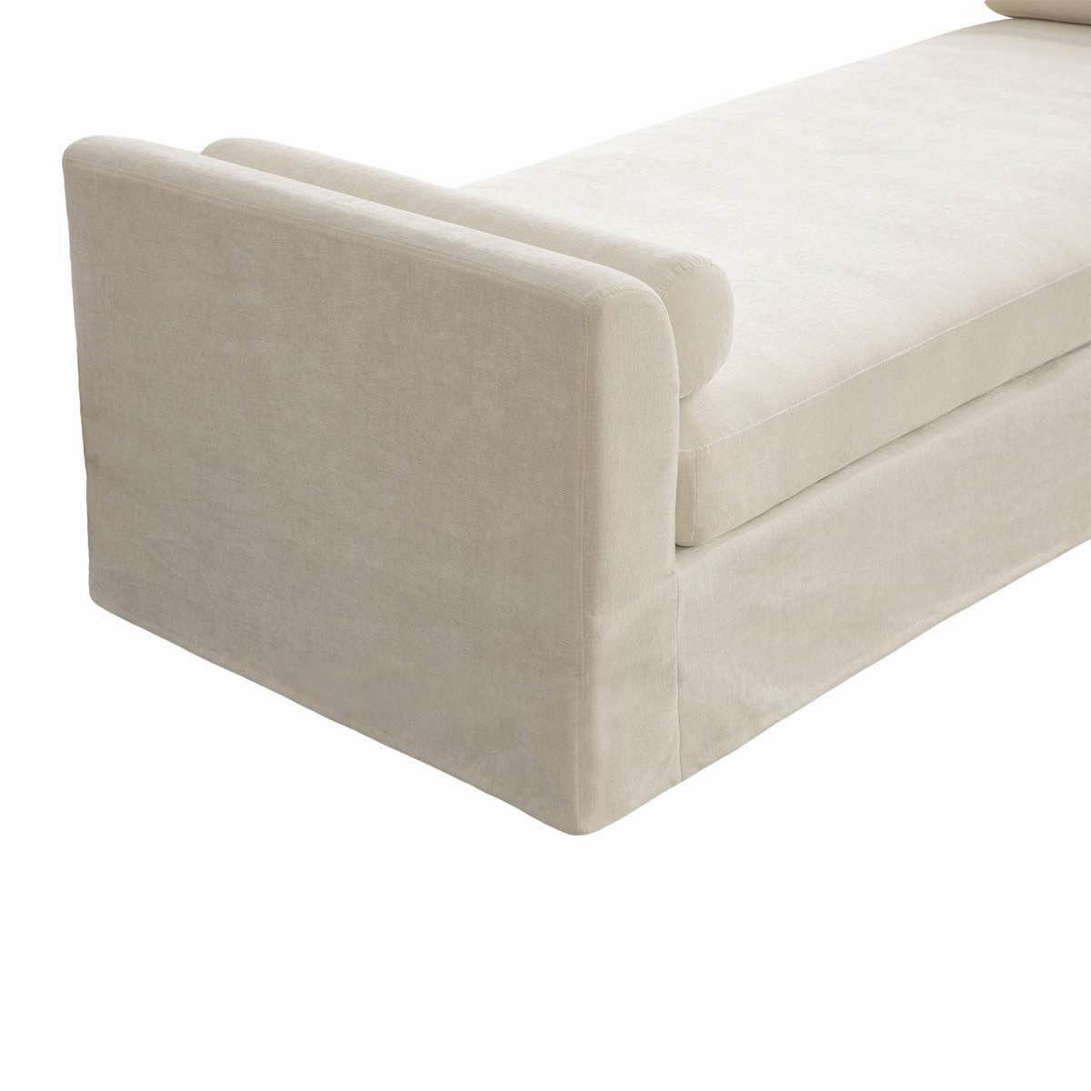 Condition photo showing New/Like New for beige upholstered bench end of bed/day bed, 77”l x 25”w, see lot photos for exact product, stock photos are not exact, 