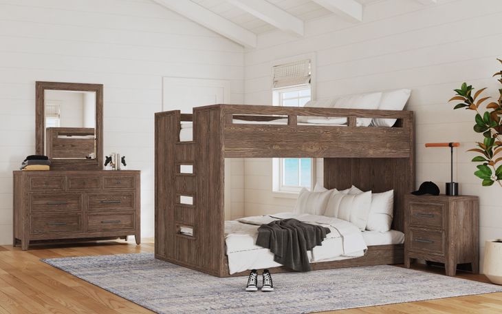 harvest brown full over full bunk bed from the carlson collection, crafted from solid spruce and spruce veneer, slat rolls included for each bed, full bed dimensions 57"w x 79.88"d x 56"h, 