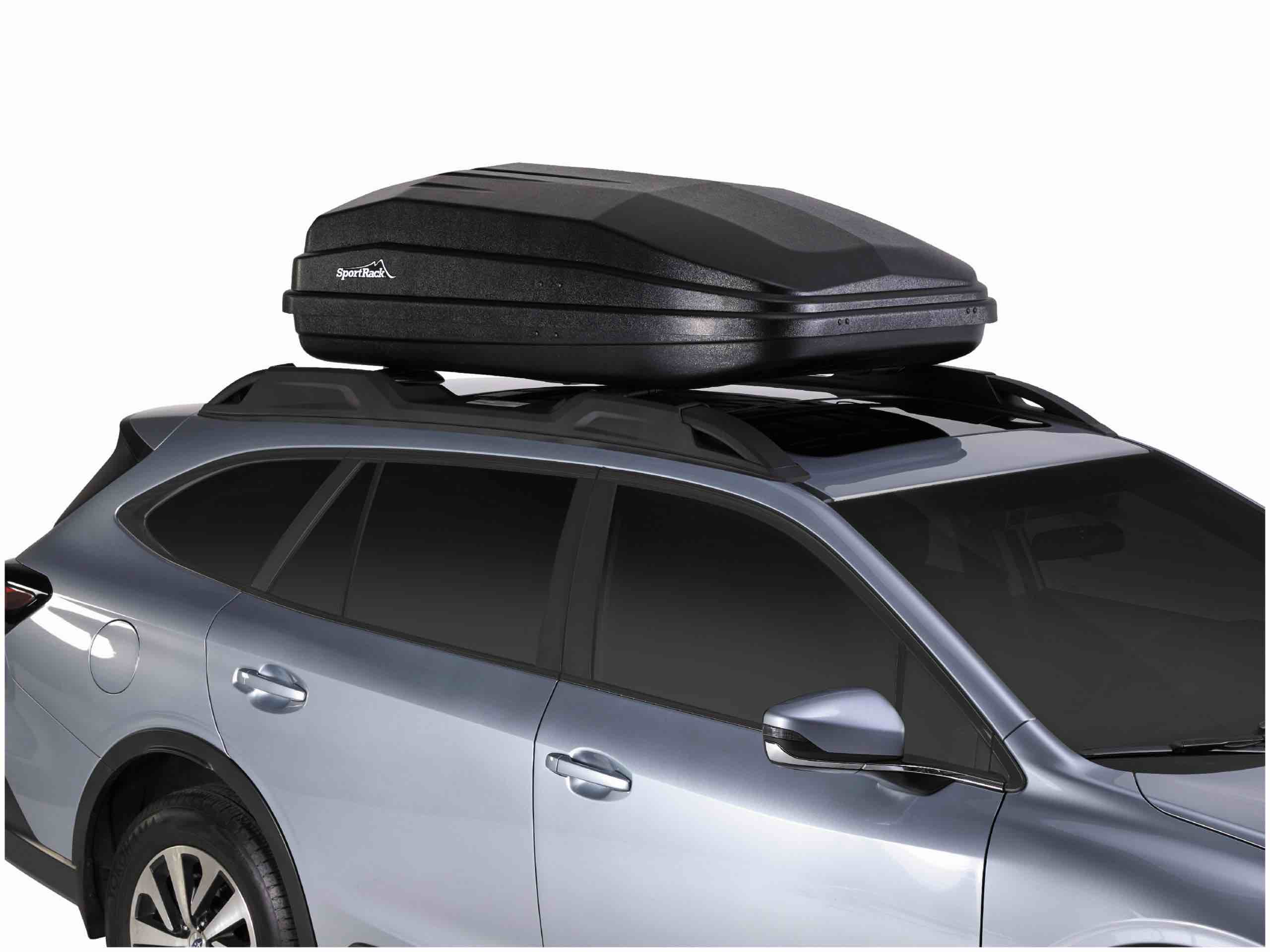black vista xl car cargo box, 18 cubic feet of storage, rear opening for easy loading, tool free mounting hardware, dimensions: 63? x 38? x 19”, 