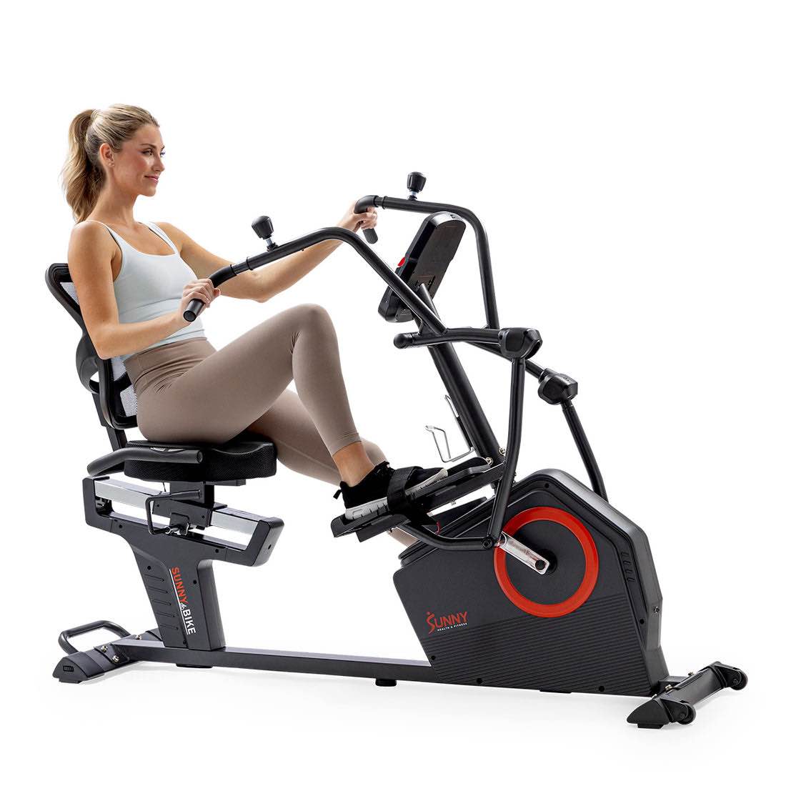 Condition photo showing New/Like New for premium smart programmable electro-magnetic resistance recumbent elliptical cross trainer, connect to sunnyfit app via bluetooth, 16 electromagnetic resistance levels, adjustable handles, padded seat and mesh back, hand pulse sensors, performance monitor, max user weight 300lbs, overall dimensions 71.7”l x 33.3”w x 50.8”h