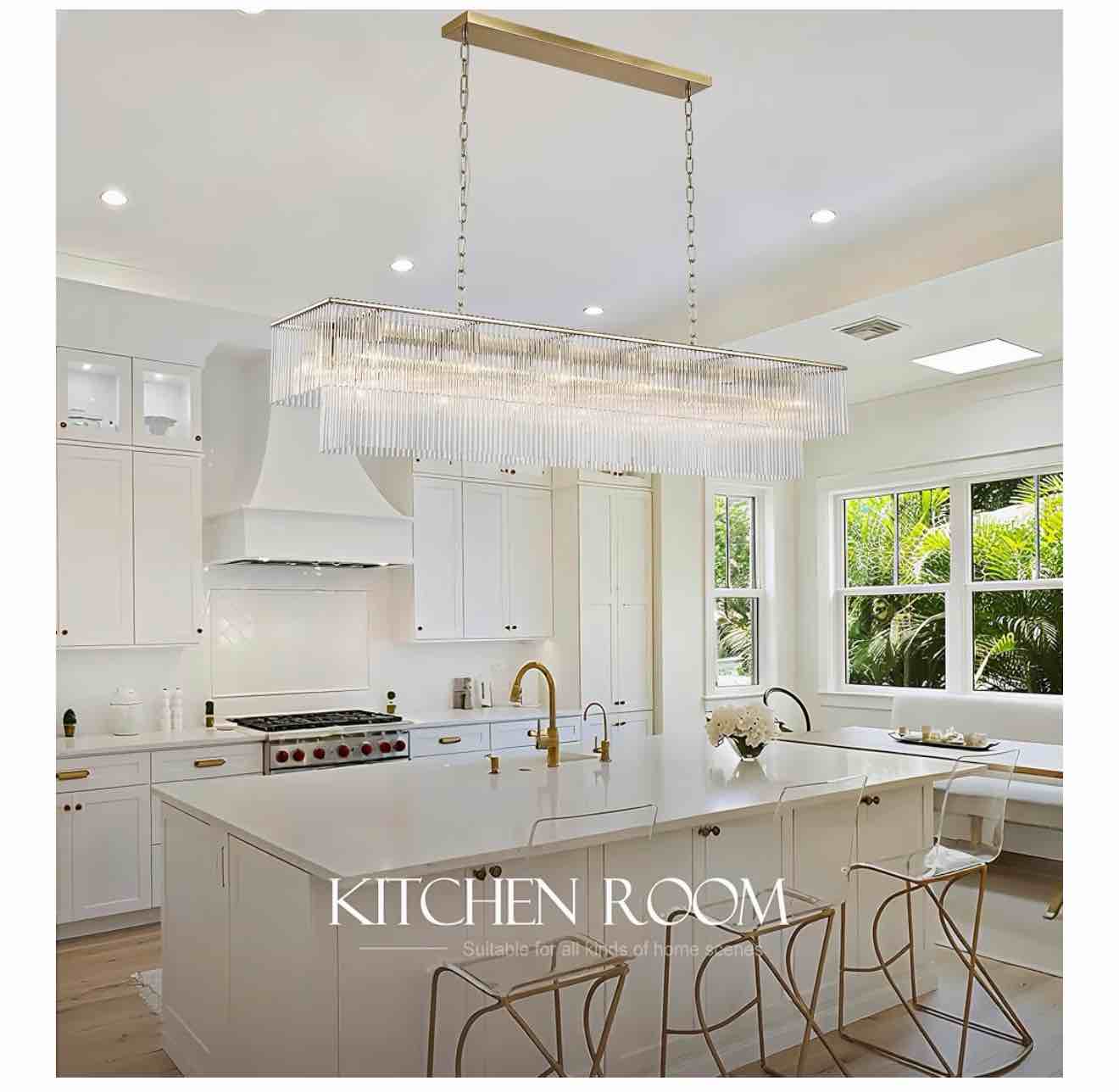 Condition photo showing New/Like New for modern luxurious copper rectanglar crystals 59”l chandelier, has a dimmable light, adjustable ceiling chains to fit any height, fits various ceiling types overall dimensions 59”l x 11.8w x 12.2h