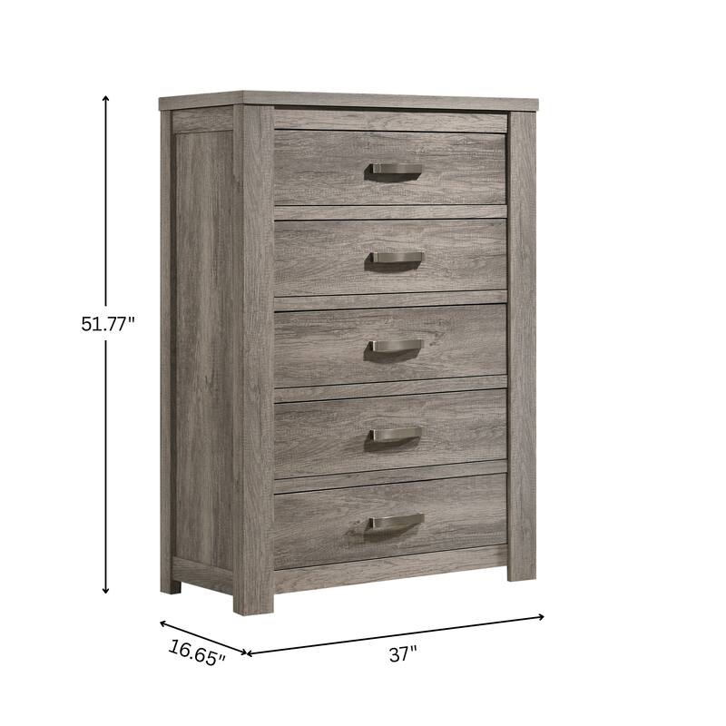 Condition photo showing New/Like New for floren contemporary weathered gray wood 5-drawer chest with a wood grain pattern, drawer fronts have metal pull in brushed nickel, overall dimension: 37"w x 16.65"d x 51.77"h