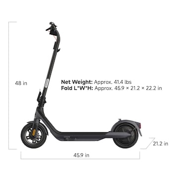 Condition photo showing New/Like New for segway e2 pro electric scooter in black, 18.6 mph max speed, 21.7 miles max,  range teens and adults, traction control system, powerful 350w motor, dual braking, apple findmy integration, headlight, taillight, horn, turn signals, 