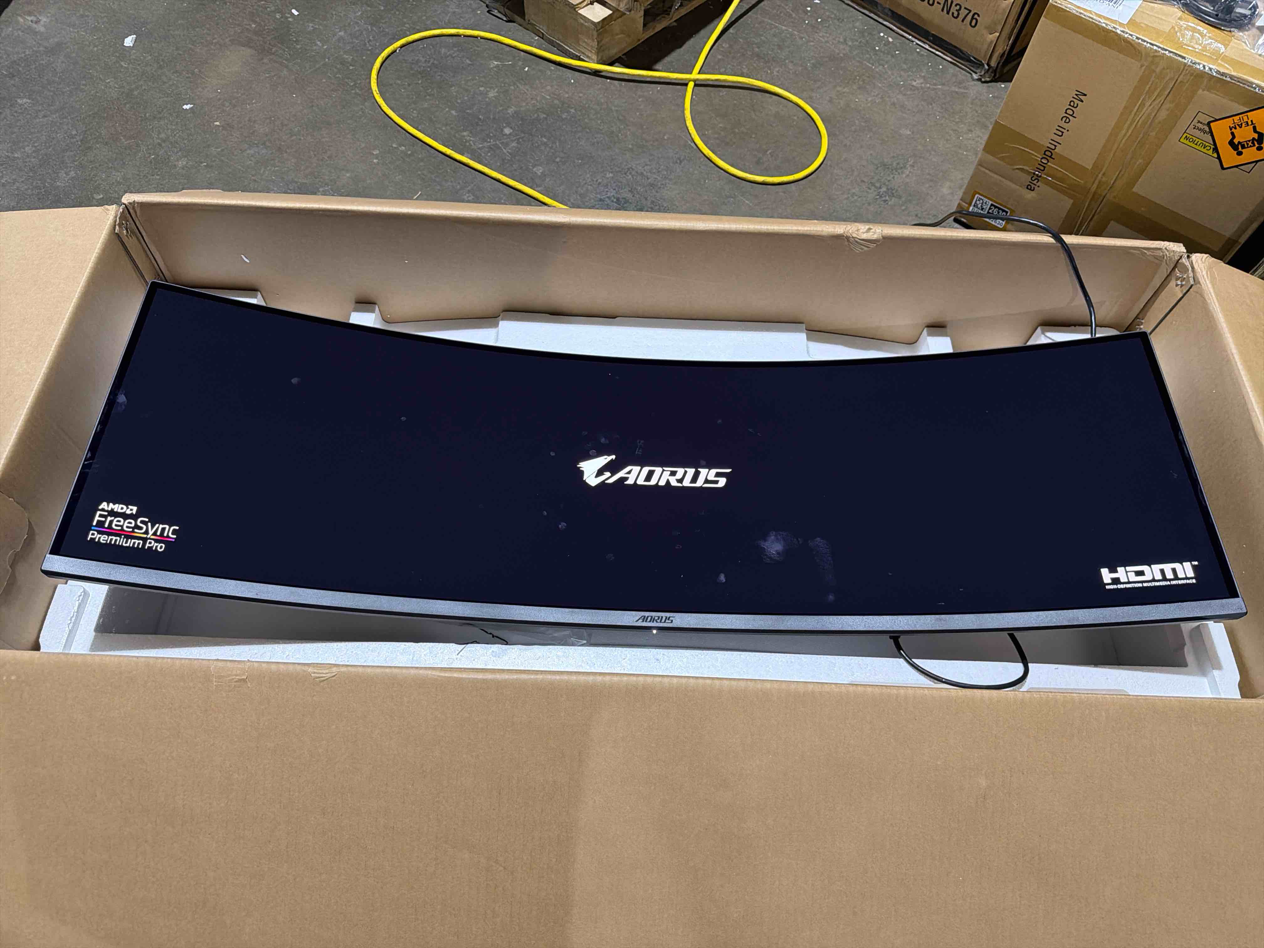 Condition photo showing New/Like New for black gigabyte 49inch super ultrawide qd oled curved gaming monitor, 0.03ms response time, adjustable height, hdmi, type c, dp,