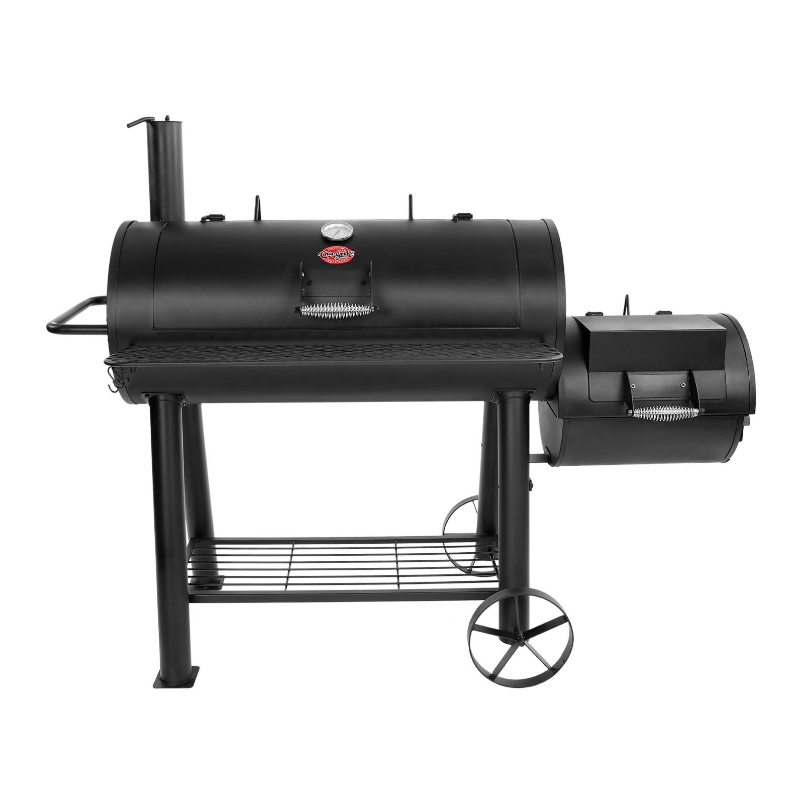 1012 sq. in. black competition pro™ offset smoker charcoal grill, sidefire box included, side damper for precise temperature control, explanded metal cooking grates, 10” wheels and end handle for easy mobility