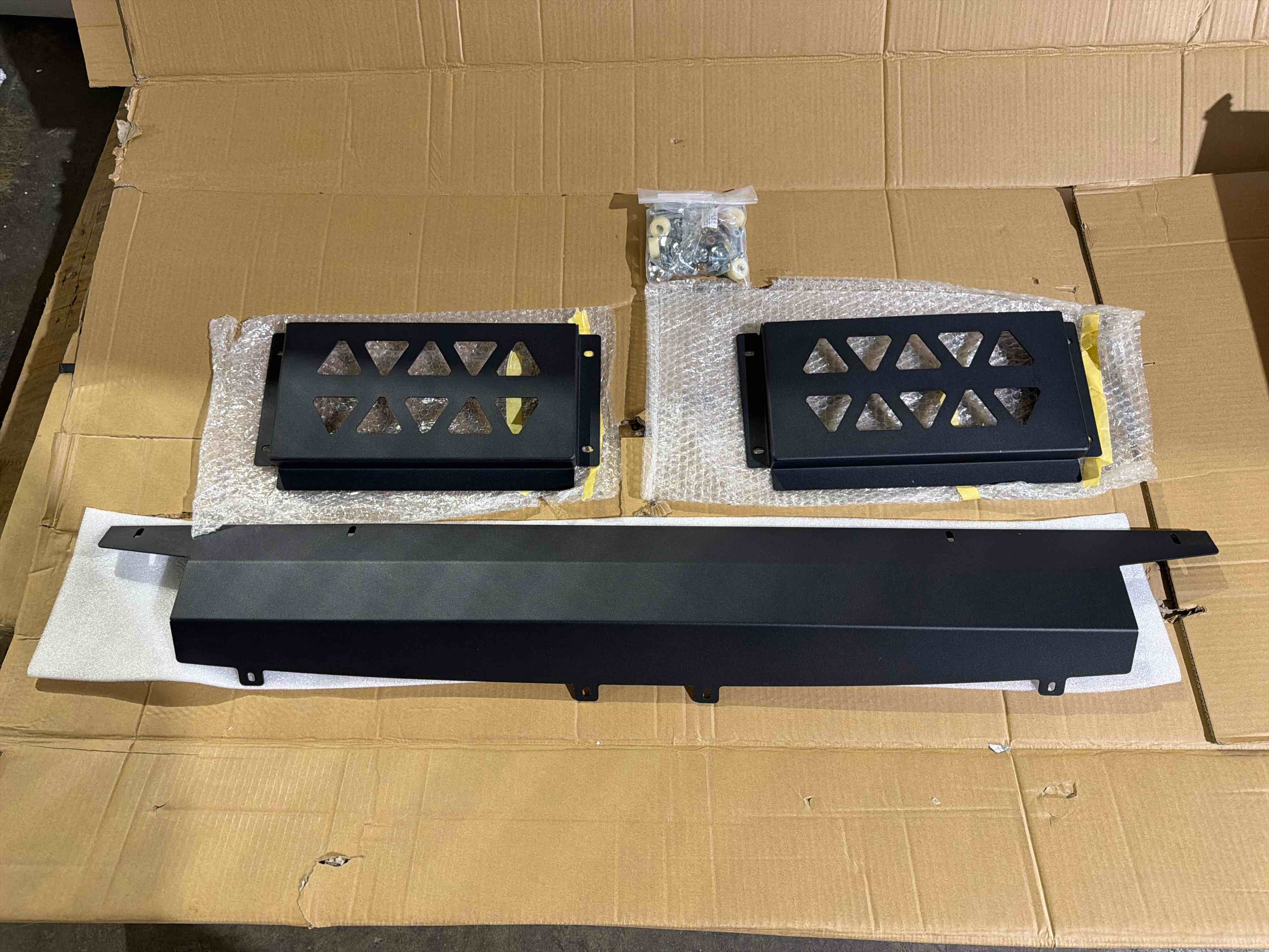 Condition photo showing Good Condition for ford transit van black partition with lock latch for ford transit 150/250/350 mid-roof (2015–2024), built in hatch for storage of long materials, transparent acrylic window plates, overall dimensions  68.9”l × 67.9”w, lock mechanism may need replaced, minor dent on lock(pictured) 