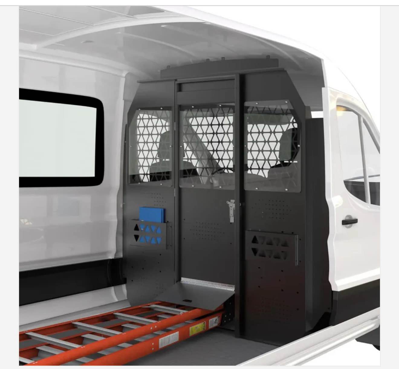 ford transit van black partition with lock latch for ford transit 150/250/350 mid-roof (2015–2024), built in hatch for storage of long materials, transparent acrylic window plates, overall dimensions  68.9”l × 67.9”w, lock mechanism may need replaced, minor dent on lock(pictured) 