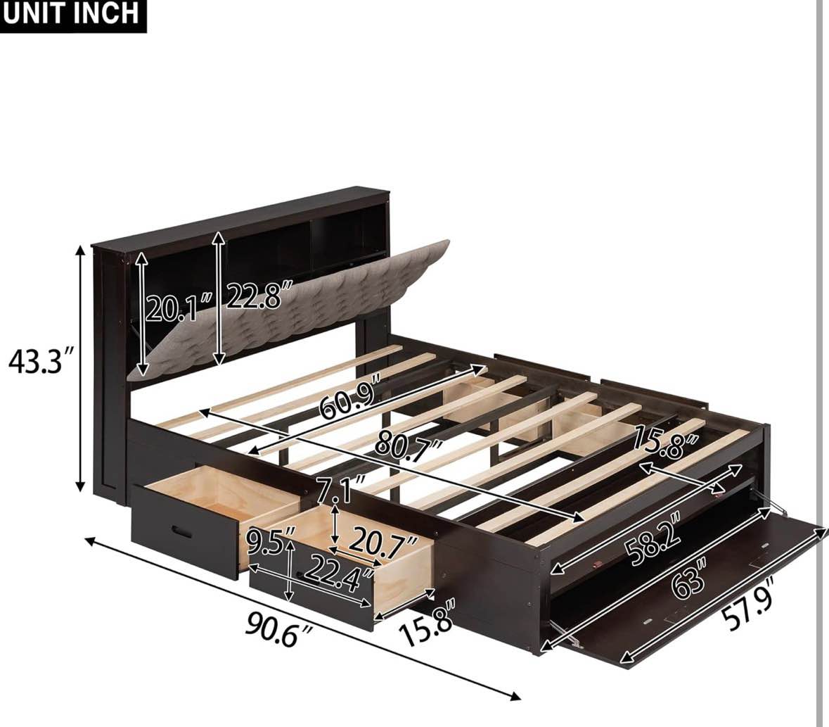 Condition photo showing Good Condition for modern classic queen size platform bed frame with storage headboard, under bed storage space, shoe rack and drawers (multiple pieces have small scuffs/dents, miss some screws) 90.6"l x 43.3"w x 63"h
