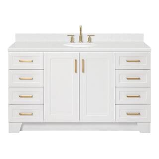 Condition photo showing Good Condition for taylor 60 in. single rectangle undermount  sink freestanding bathroom vanity in white with carrara white quartz top and gold hardware- countertop has hairline scratch on right side and chip on back right corner, small cosmetic scuffs to left side of vanity h 36 in, w 60.25 in, d 22 in