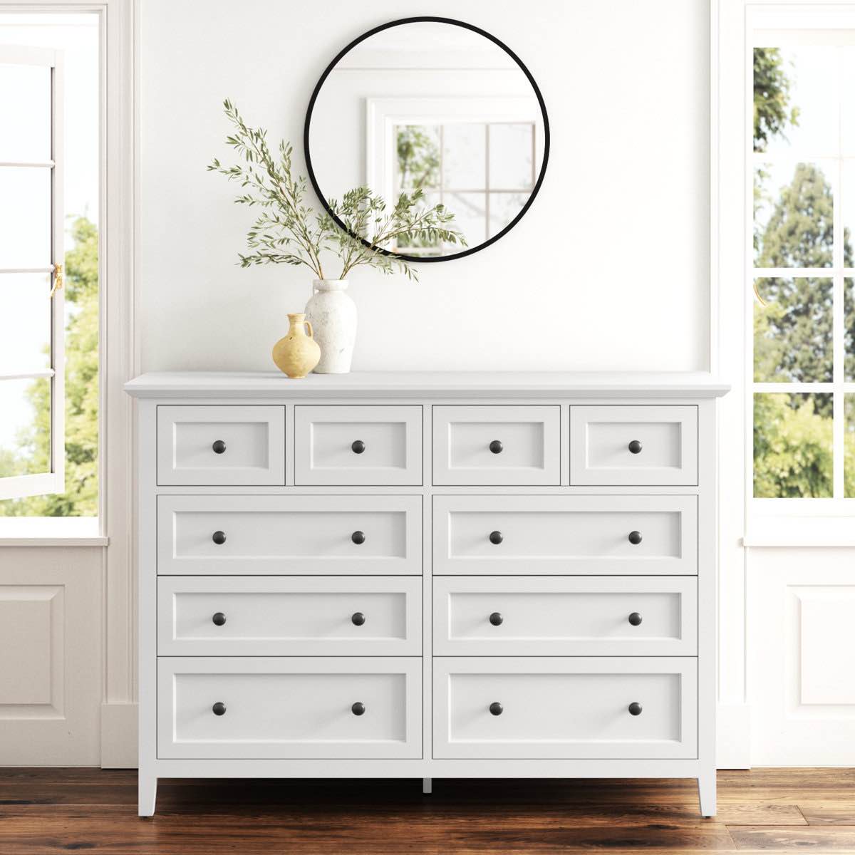 Condition photo showing New/Like New for modus furniture grace eight drawer dresser in snowfall white 42'' h x 60'' w x 19'' d