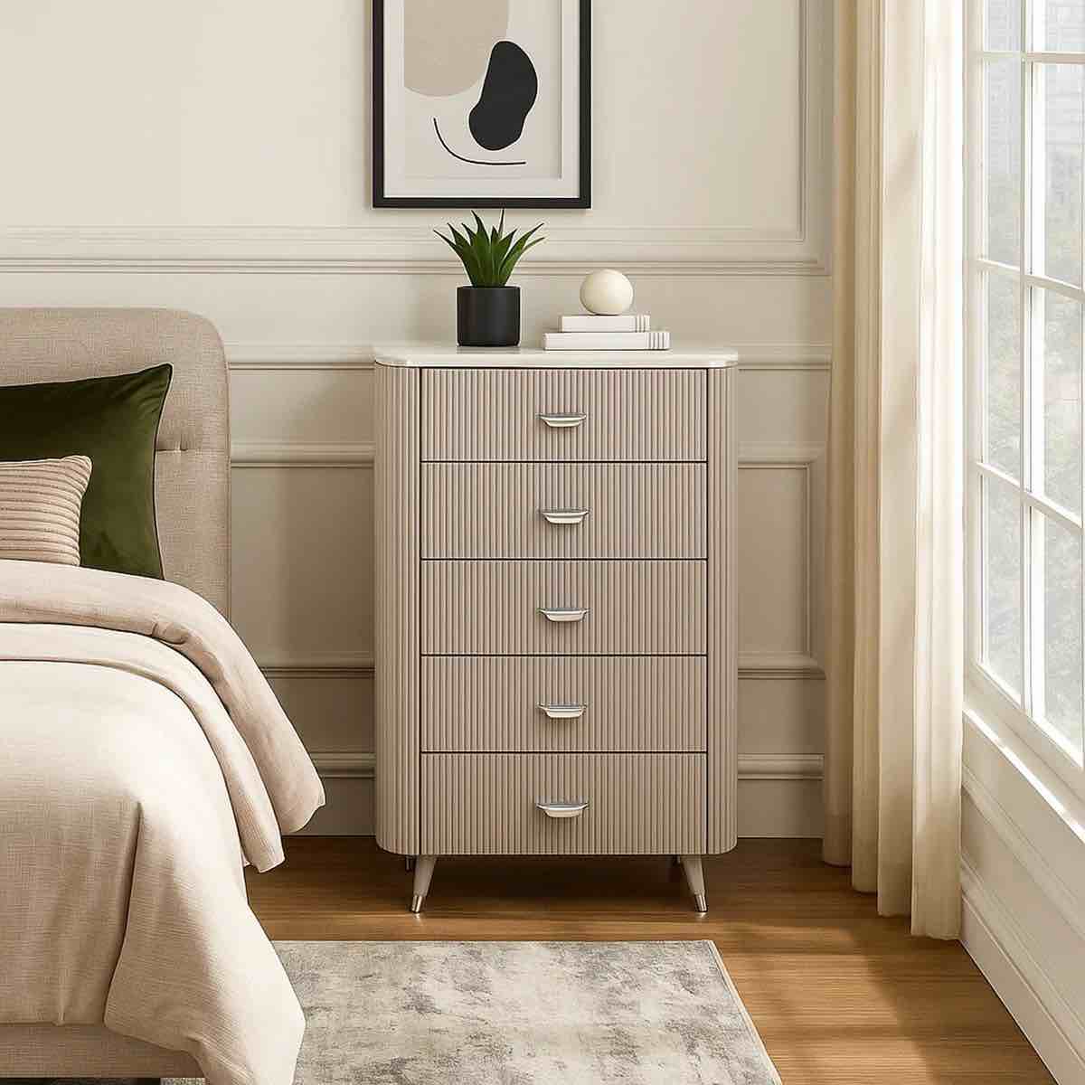 Condition photo showing New/Like New for gema tall dresser chest, 5 drawers with top, light gray (tiny chip in finish at bottom, can be touched up with furniture marker) 52'' h x 39'' w x 17.5'' d