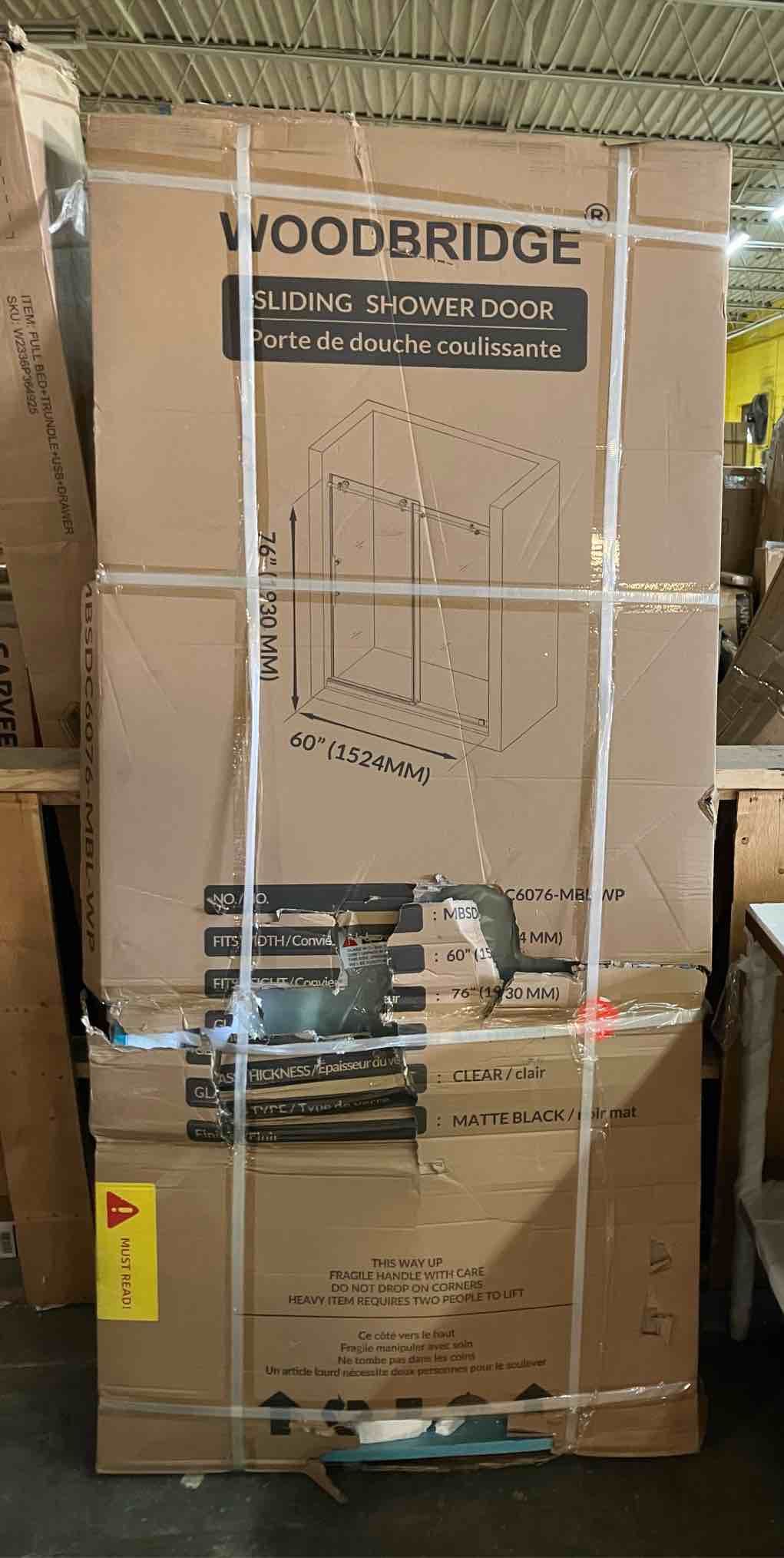 Condition photo showing New/Like New for 56"-60" w x 76" h single sliding frameless shower door | 3/8" (10mm) thickened upgrade tempered glass | stainless steel hardware | safe, explosion-resistant, clear & stylish, sturdy & durable msdc6076-mbl