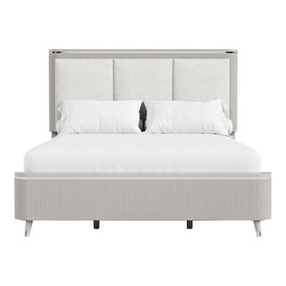 Condition photo showing New/Like New for quill gray wood frame queen panel bed with upholstered headboard h 61.5 in, w 63.25 in, d 92.5 in