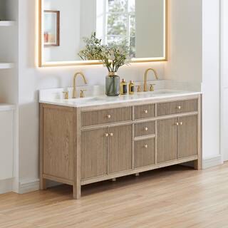 Condition photo showing New/Like New for cerrito 72 in. double sink freestanding nature oak bath vanity with grain white sintered stone top
