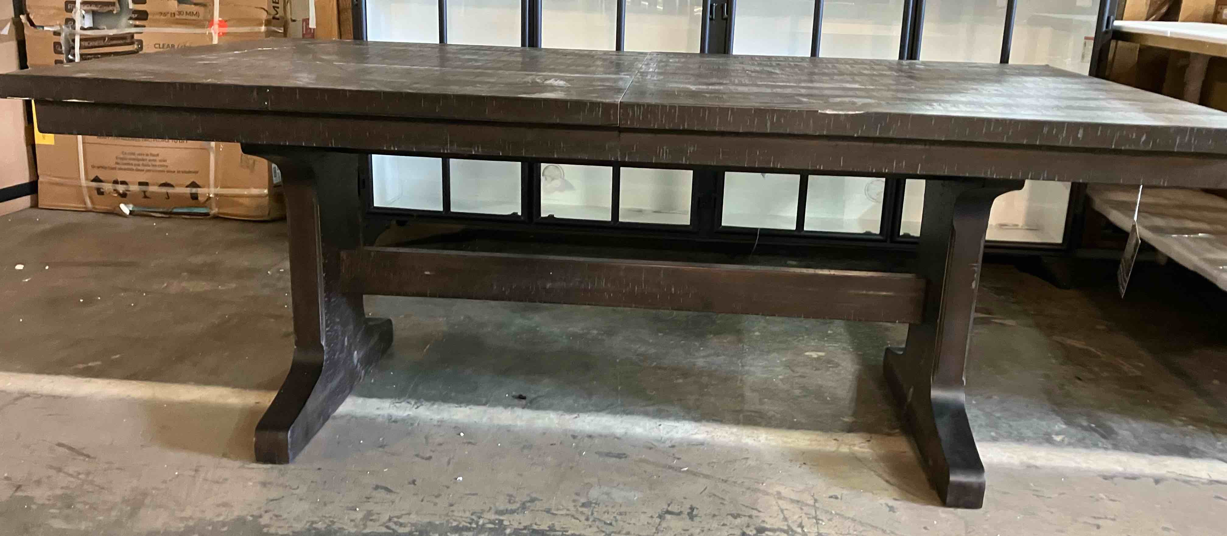 Condition photo showing Good Condition for best quality furniture 78”-96” extendable rustic dining table - (good condition because of scratches and gouges to the top of table, pictured)