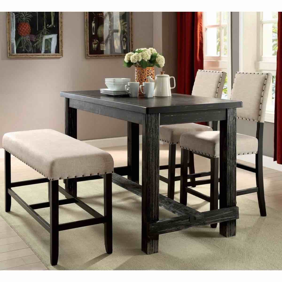 Condition photo showing New/Like New for bold distressed 1pc bar table dining room table (small surface scratches in finish-pictured) 36"h × 60"l × 30"w