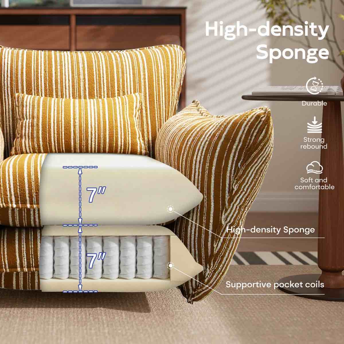 Condition photo showing New/Like New for yellow chenille accent chair with lumbar pillow, chair needs light cleaning, 32'' h x 24'' w x 27'' d