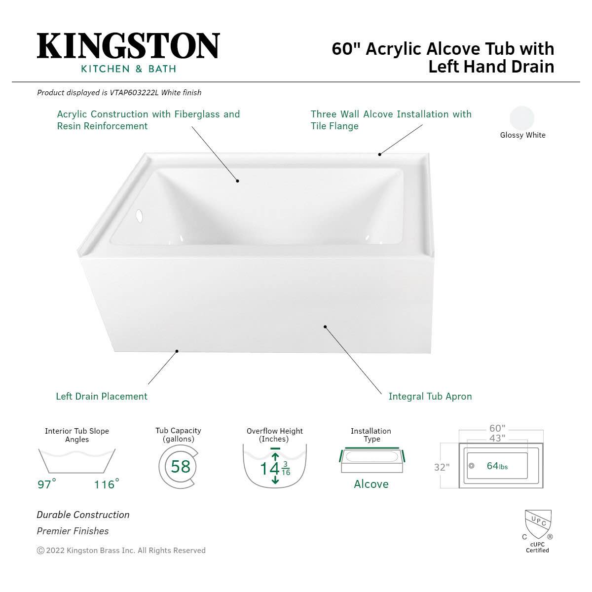 Condition photo showing Good Condition for kingston brass aqua eden 60-inch acrylic rectangular 3-wall alcove tub, drain hole, (tub rim has two small holes and chip in acrylic, holes can be filled/sealed-damage pictured) 60'' l x 32'' w x 21.63'' h