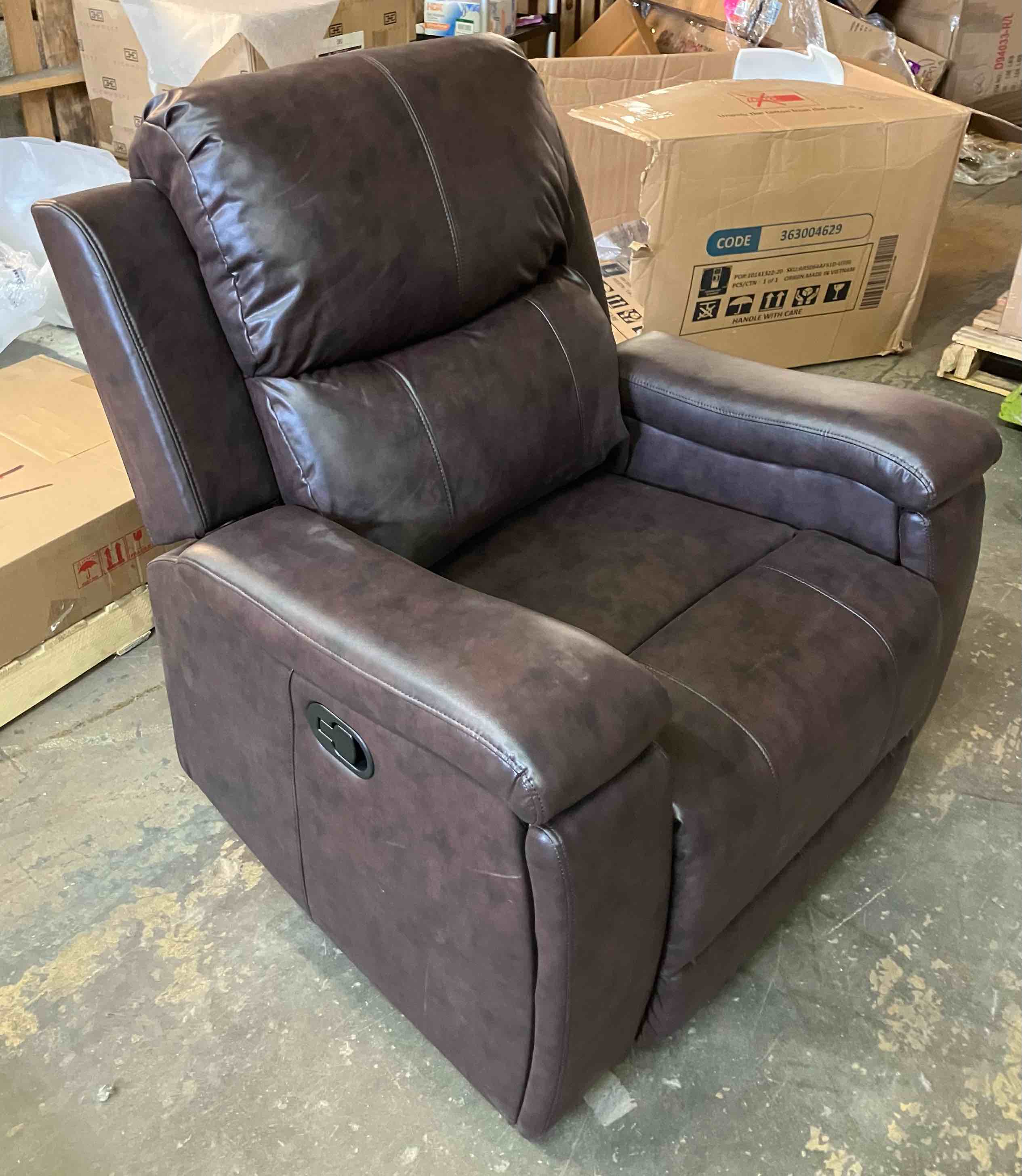 Condition photo showing New/Like New for ilkeston 37" wide modern vegan leather manual recliner chair with built-in cup holder
