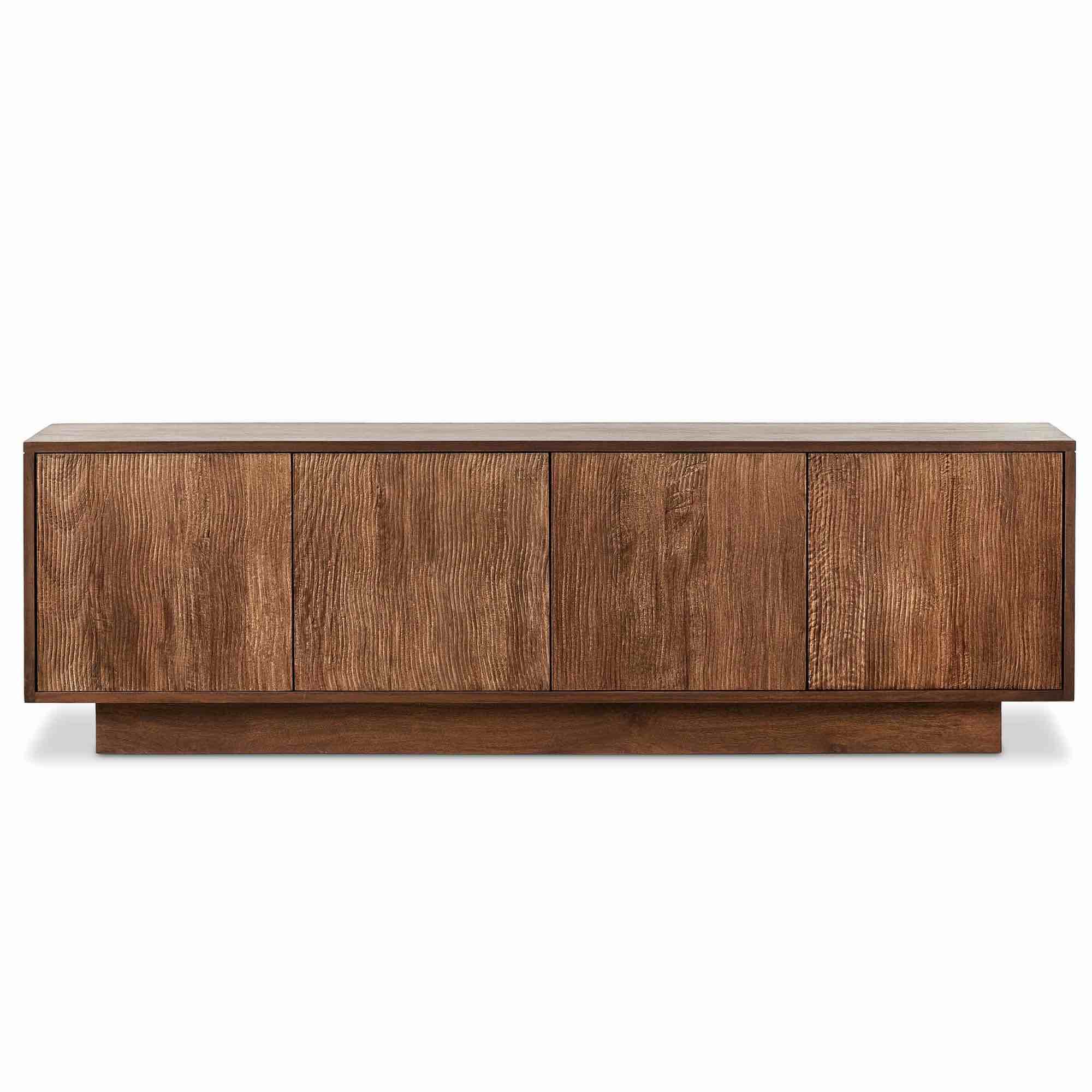 Condition photo showing Good Condition for gilmore media console, aged mango, unit has scuffs and cosmetic imperfections to finish, interior shelves not included (can be purchased through amazon or custom made) 92"w 18"d 28"h