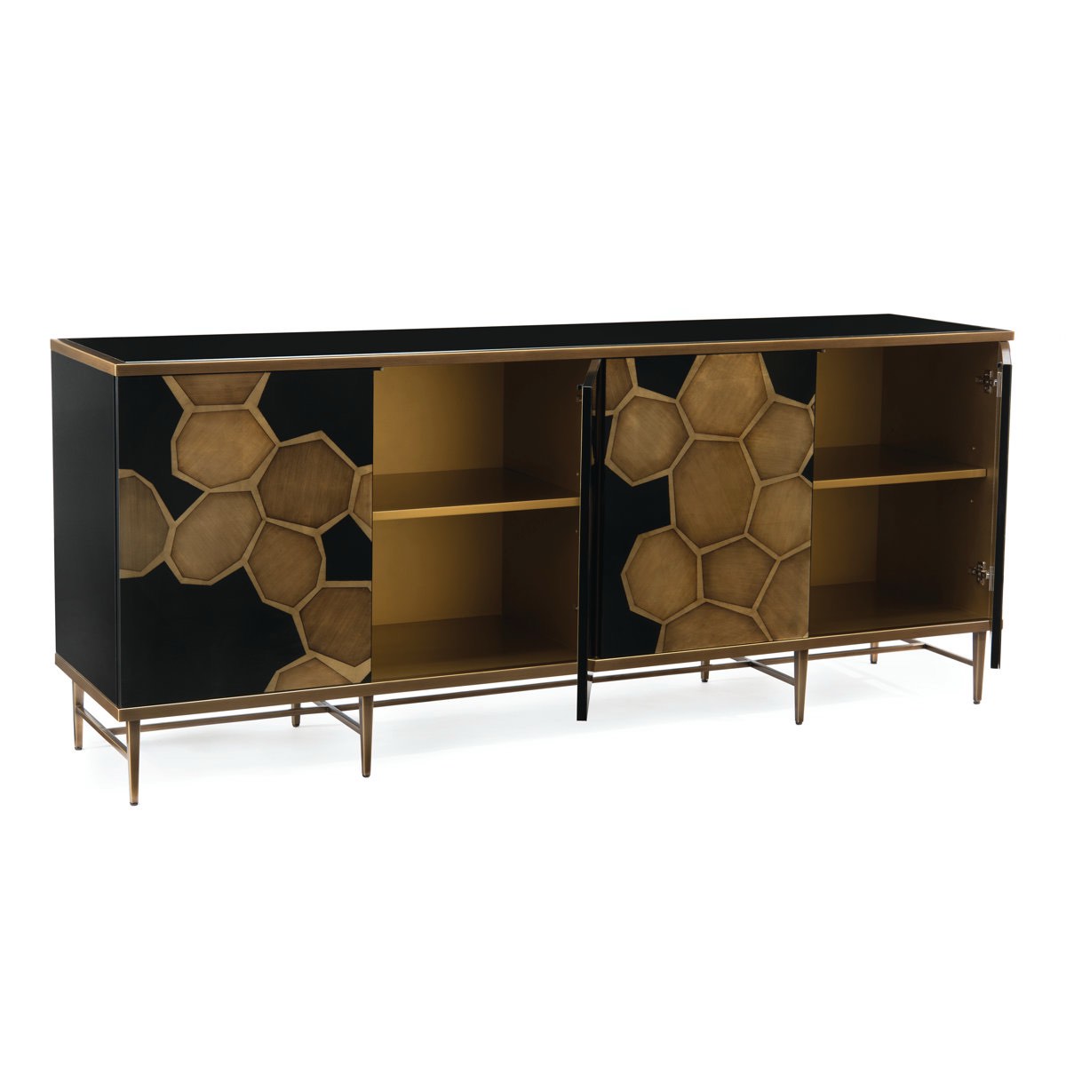 Condition photo showing Good Condition for honeycomb 84'' sideboard, sideboard has scuffs on top left side, glass cracked on right side, and two legs bent (unit is stable, see lot photos for damage) 35'' h x 84'' w x 20.25'' d