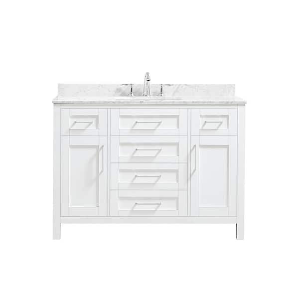 tahoe 48 in. single sink white bath vanity with carrara marble top (assembled) - (good condition because of 3 cracks on vanity top, and a crack on the upper rear board, both pictured)