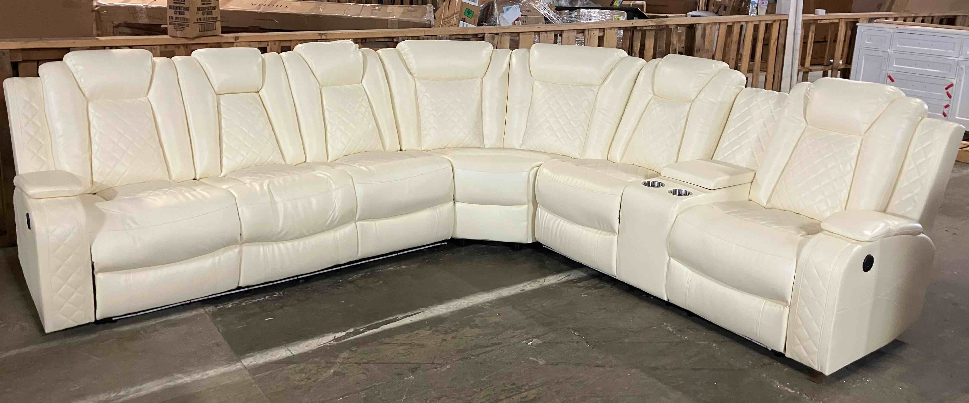 Condition photo showing Good Condition for power recliner sectional sofa with led light, breathing leather recliner sofa couch with usb port/cup holder/storage for living room (6 seat reclining sectional couch) (cream white-1) - (good condition because of one headrest having a cut in it, pictured, as well as some snags/minor tears on the far left side, also pictured)