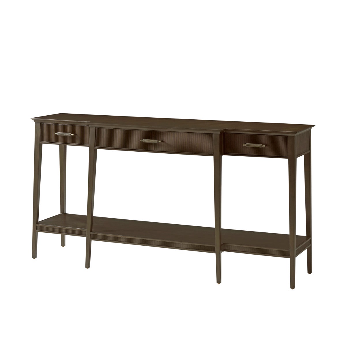 Condition photo showing Good Condition for lido 65.5'' console table- table has chips on 5 corners, 2 front edges, and needs leveled 34'' h x 65.5'' w x 17'' d