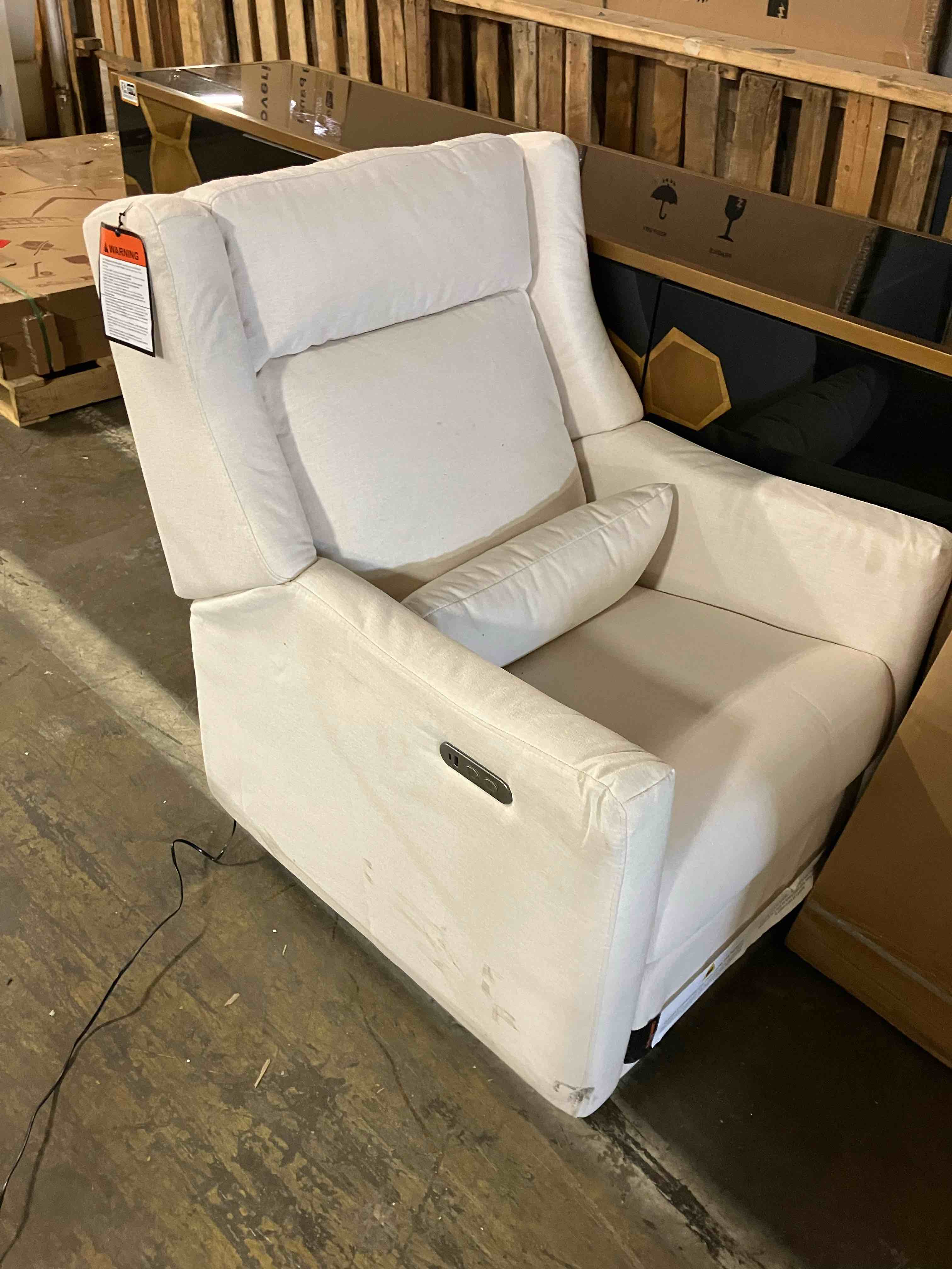 Condition photo showing Good Condition for babyletto kiwi plus cream nursery swivel glider recliner chair - (good condition because of stains on the sides and at at bottom of leg rest, both pictured)