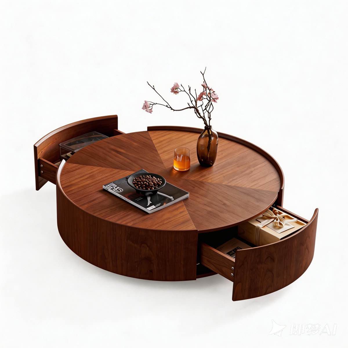 Condition photo showing New/Like New for 35.4-inch circular walnut coffee table with drawers