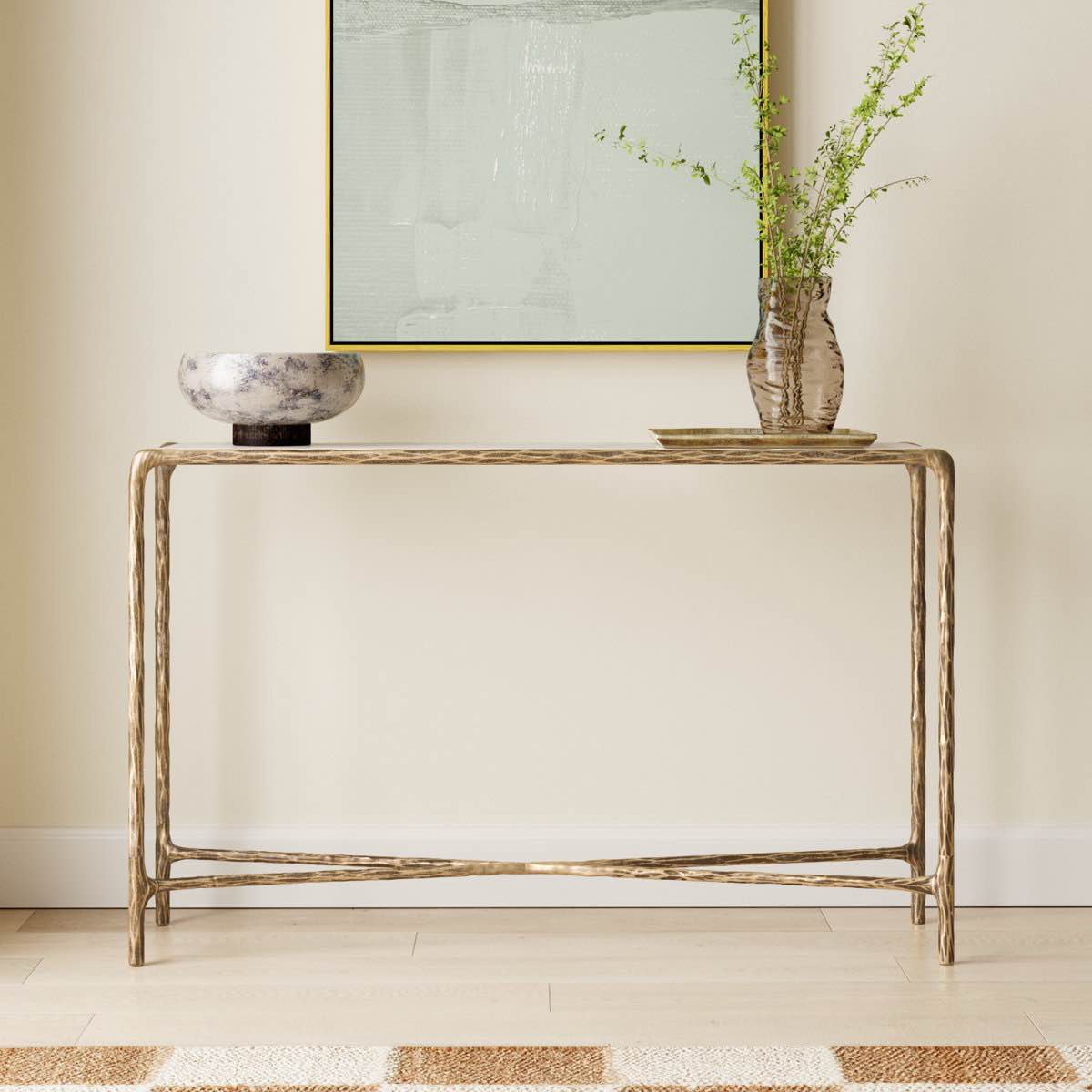 Condition photo showing Good Condition for jessa 48'' console table (marble top cracked in 2 places- pictured- can be sealed) 30'' h x 48'' w x 12'' d