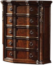 Condition photo showing New/Like New for bella wood top 5-drawer chest in cherry with pewter hardware