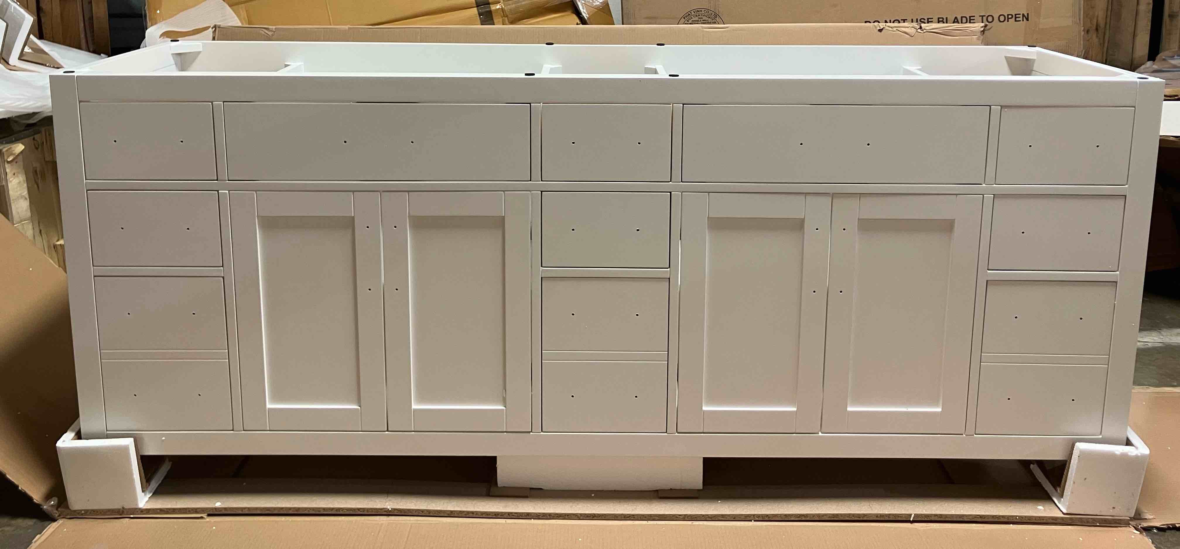 Condition photo showing New/Like New for wyndham collection beckett 84 in. w x 22 in. d double vanity in white - vanity only, top sold separately