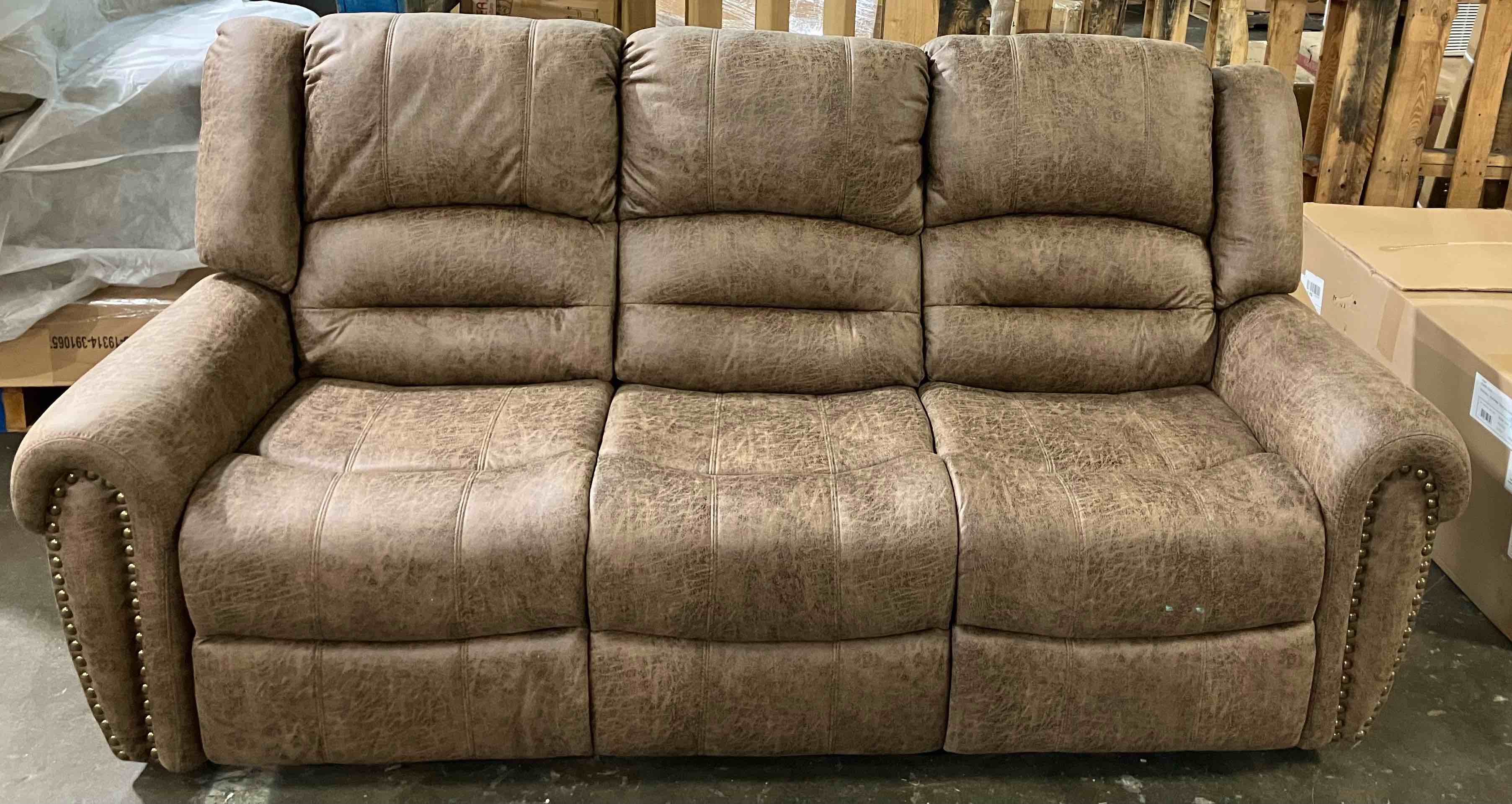 Condition photo showing New/Like New for margena 83.5" wide classic and oversized top faux leather manual reclining sofa with nailhead trim by winston porter