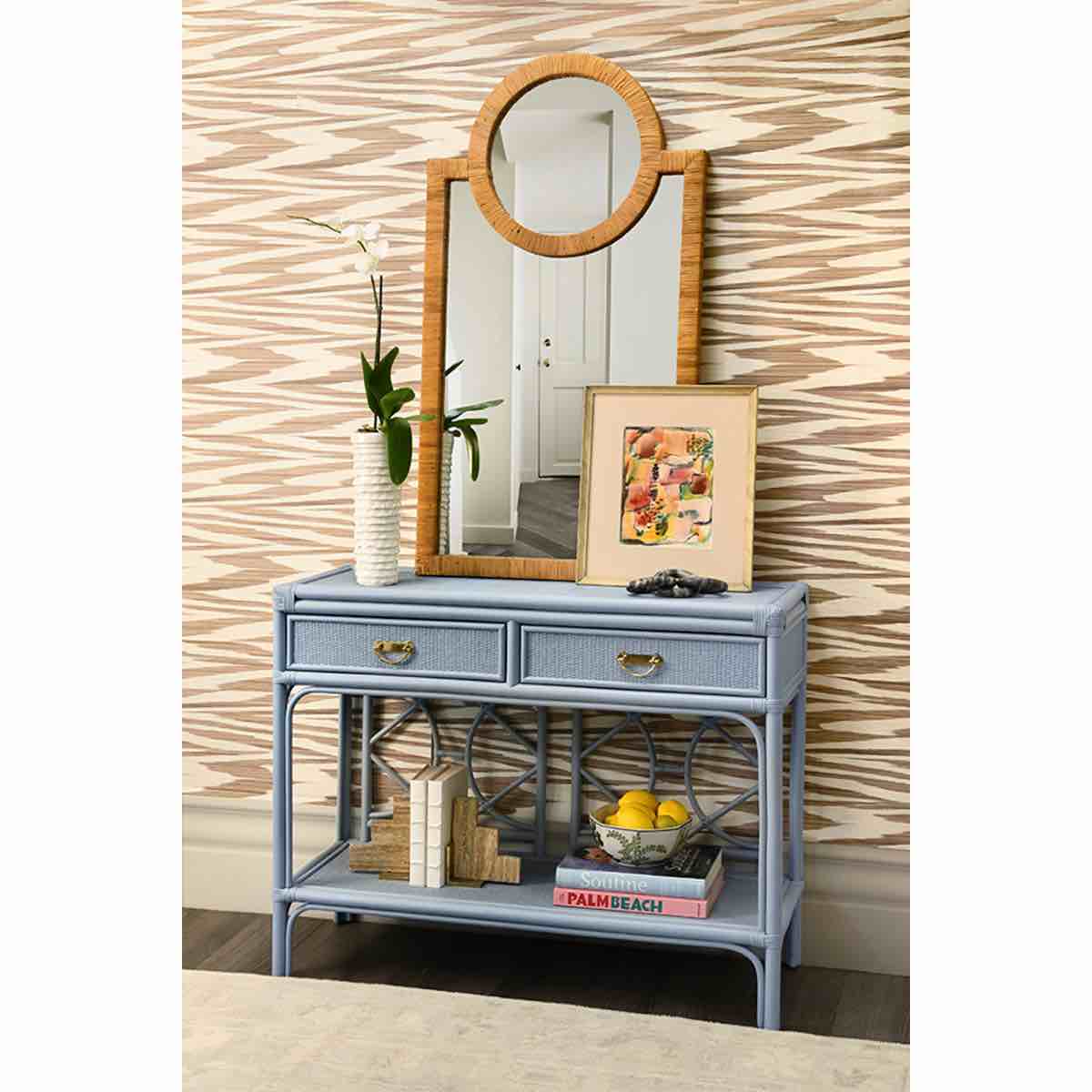 Two Drawer Console with Decorative Back. Two bars on back cracked, small dent on top, does not affect color or function 35'' H X 45.25'' W X 16.25'' D