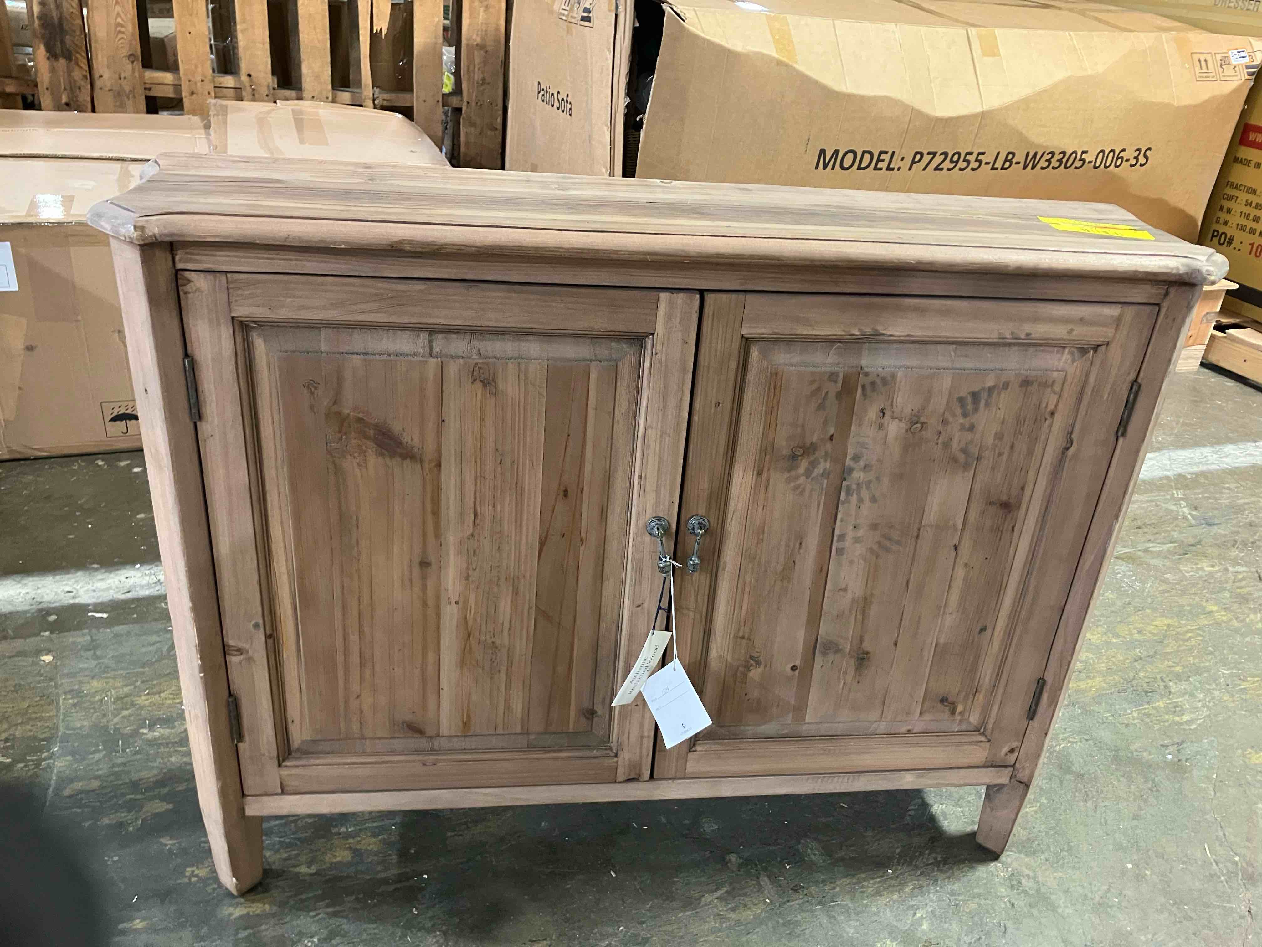 Condition photo showing Good Condition for uttermost altair reclaimed wood console cabinet (24244) - (good condition because of a couple cuts into wood on the sides, and scuffs on some of the corners, pictured)