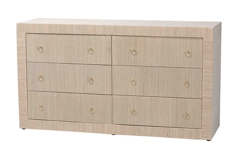 BALI & PARI SAGE NATURAL GRASSCLOTH DRESSER - 6-DRAWER BEDROOM STORAGE CABINET WITH GOLD RING PULLS, MODERN COASTAL CHEST OF DRAWERS - (Good condition because of minor damage to the fabric on the bottom right corner, pictured)