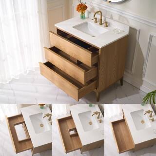 Condition photo showing New/Like New for nolan 36 in. w x 22 in. d x 35 in. h single sink freestanding bath vanity in light oak with carrera white quartz top