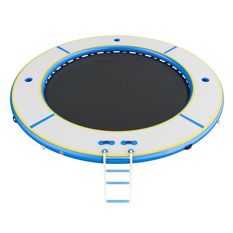 12 ft Inflatable Water Hammock, Round Floating Dock with Mesh Center, Cup Holder and Soft Ladder, Inflatable Raft Ring Platform for Lake & Beach Parties, in Blue and Gray