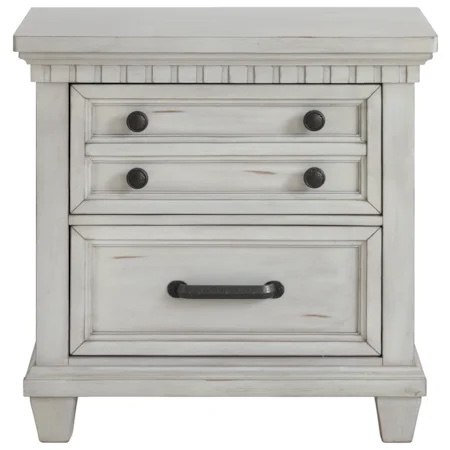 Cottage 2-Drawer Nightstand with Built-in Charging Station- nightstand has hole in bottom board (does not affect function), small chips and bumps in finish. 29" W × 17" D × 29" H