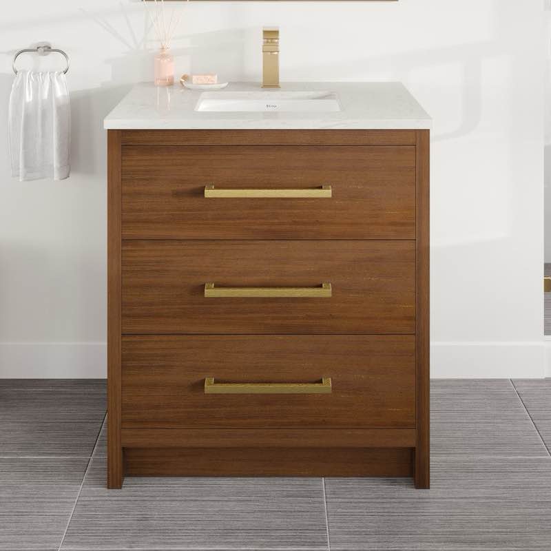Curio 30 in. Walnut Single Sink Bath Vanity with Carrara Quartz Top and Undermount Porcelain Sink - (Good condition because of cracks in the vanity top, pictured, and damage to the backsplash)