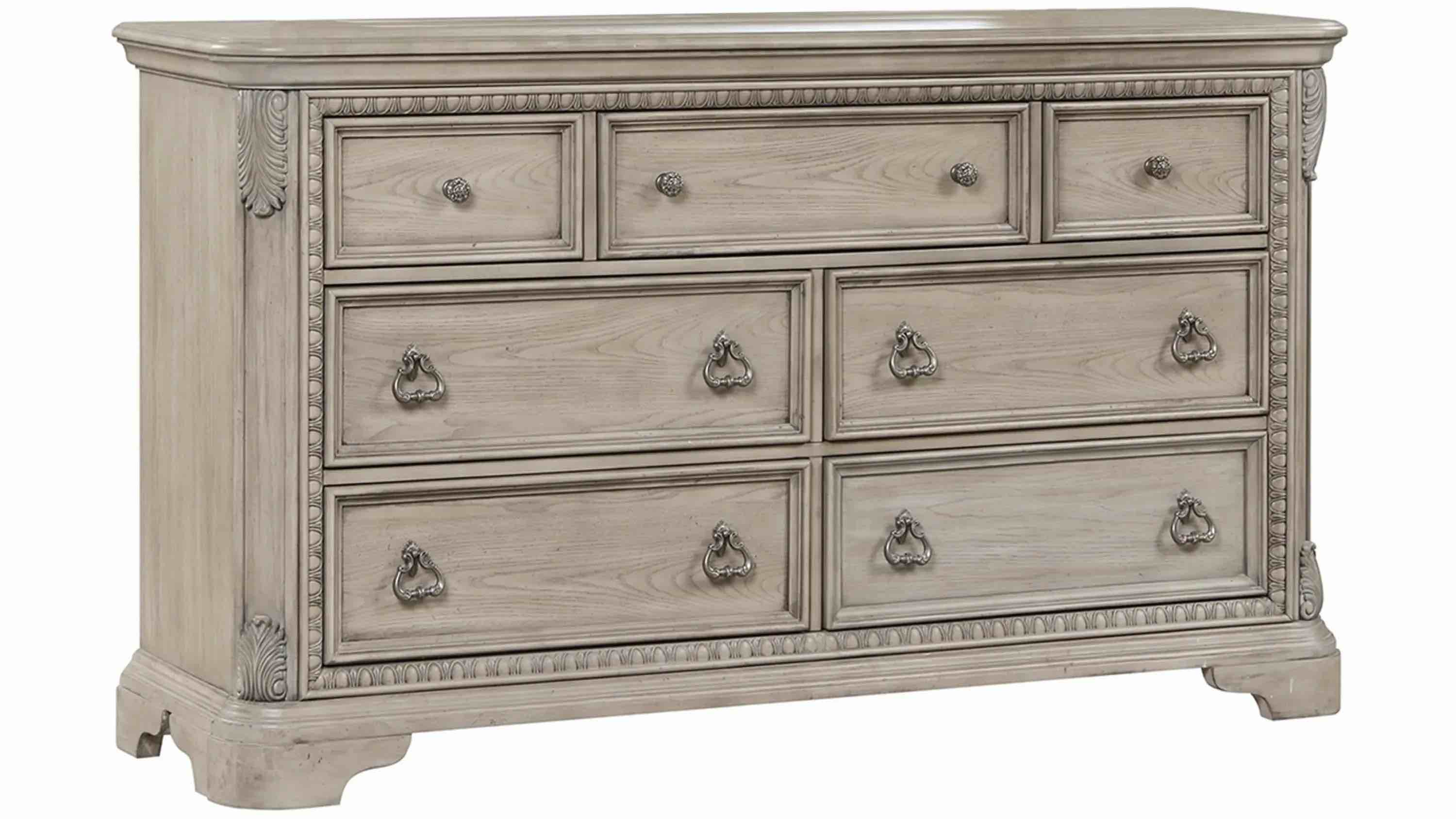 Raymour & Flanigan Coventry Dresser L: 69.5" x W: 19" x H: 40.5" - (Good condition because of damage to the right side of dresser, and missing paint on both the left and right front side, both pictured)