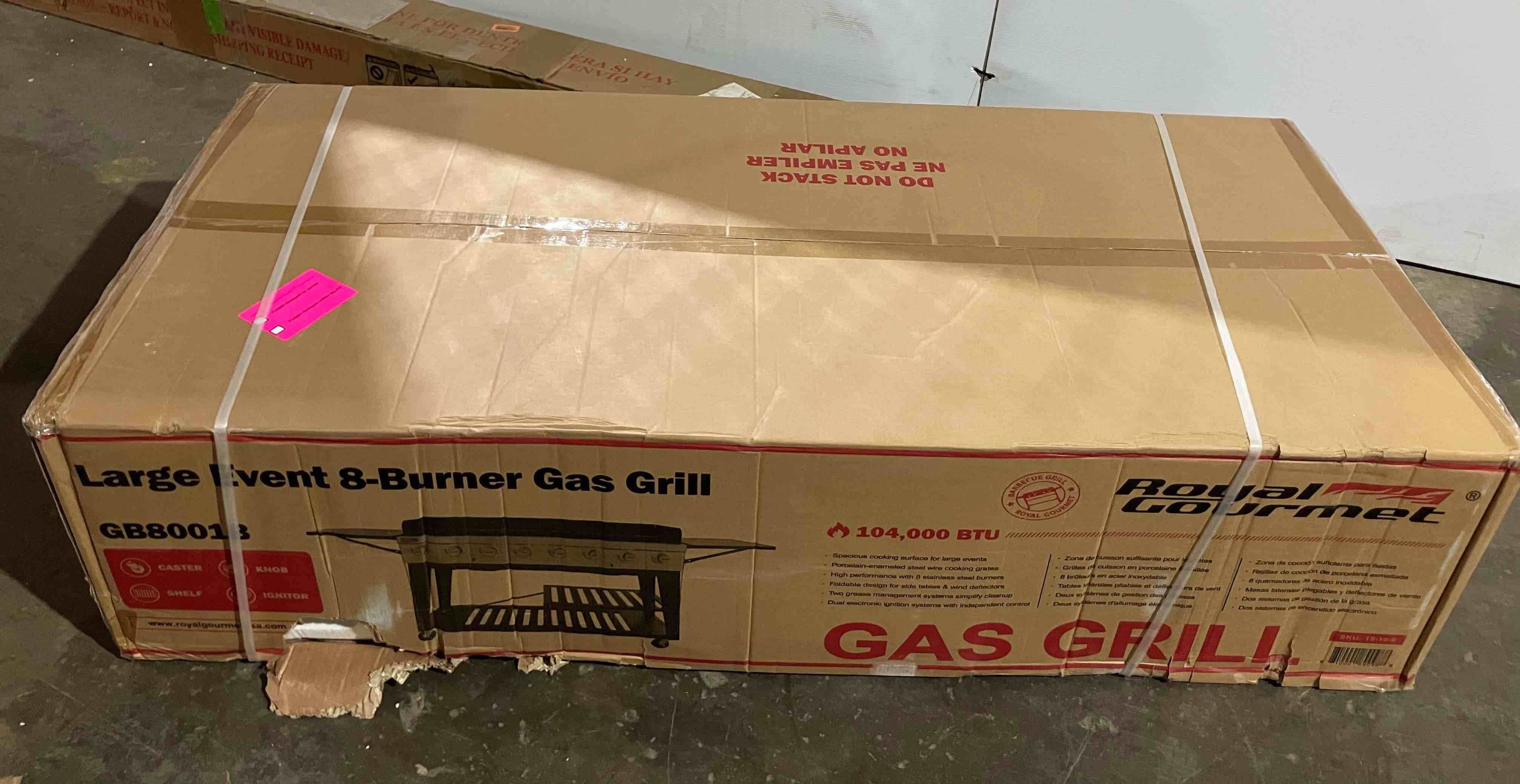 Condition photo showing New/Like New for royal gourmet 8-burner gas grill, 104,000 btu liquid propane grill, independently controlled dual systems, outdoor party or backyard bbq, black