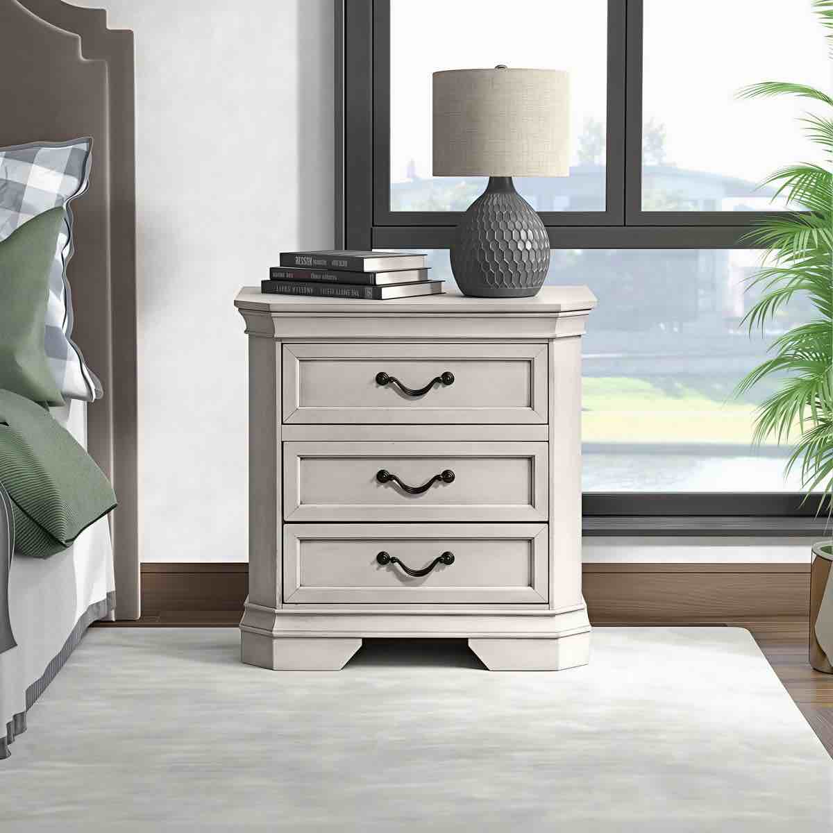 Set of Two Ailany Traditional Wood 3-Drawer Nightstands, Antique White, 27.6'' H X 27'' W X 16.8'' D, (One nightstand has a dent in the top, other nightstand has slight warping on back right corner, all pictured)