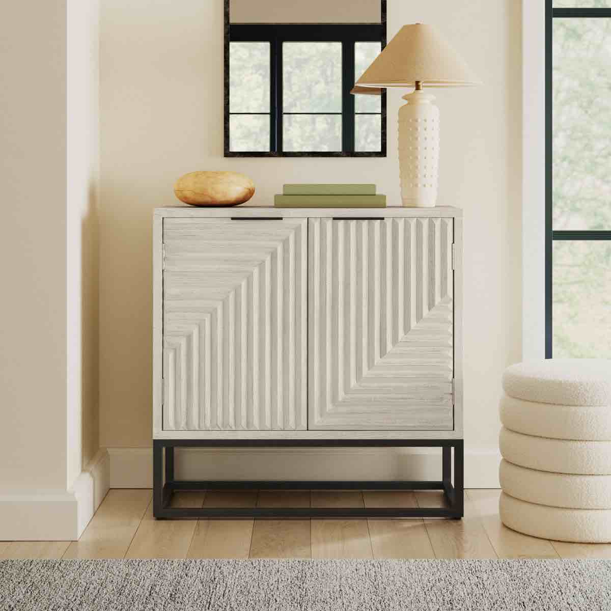 Keelah 2-Door Accent Cabinet Antique White with Distressed Finish (small scuffs/cosmetic imperfections on finish) 36'' H X 36'' W X 16'' D