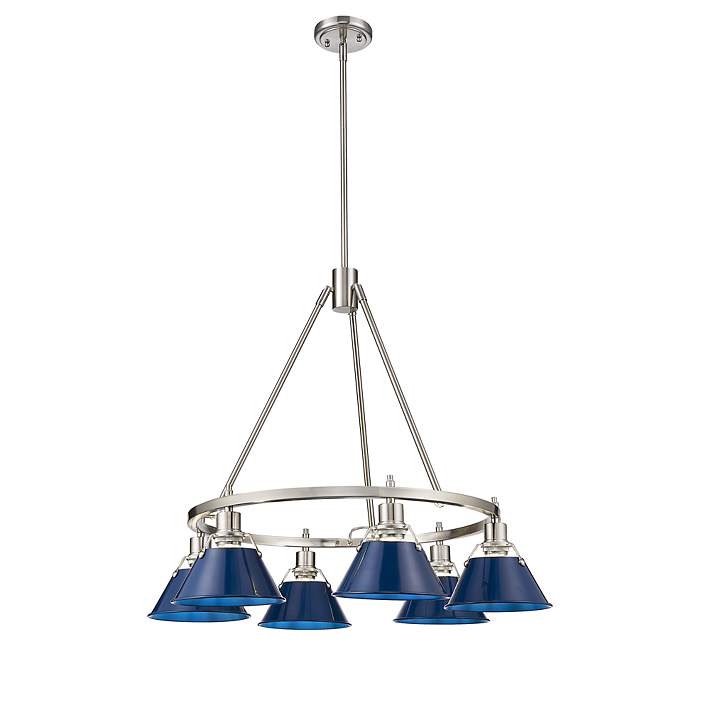 Condition photo showing New/Like New for orwell 29" wide 6-light chandelier in chrome with matte navy shades 20.38'' h x 29'' w x 29'' d